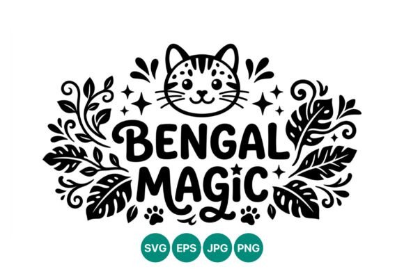 Bengal Cat Magic Leaves Vector Graphics & Illustrations