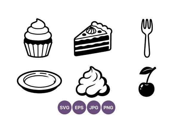 Cupcake Slice Fork Cherry Line Art Graphics & Illustrations