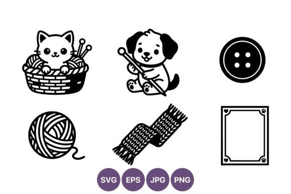 Cute Cat Dog Yarn Knitting Vector Art Graphics