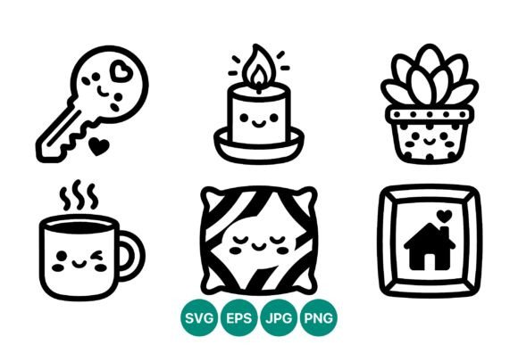 Cute Home Line Art Icons: Graphics & Illustrations