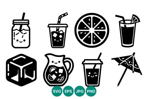 Cute Smiling Drinks and Ice Cubes Vector Graphics