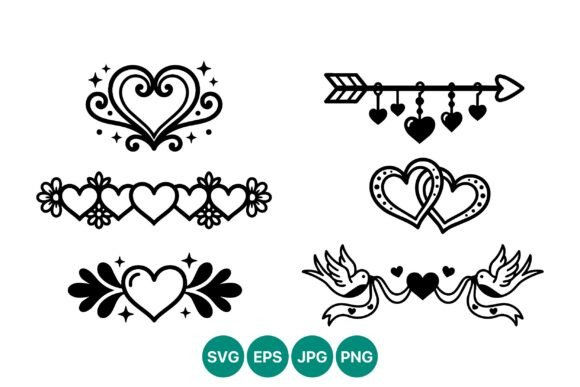 Romantic Hearts and Doves Line Art Graphics